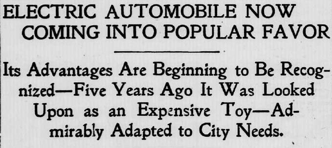 newspaper clip circa 1913 - electric automobile now coming into popular favor