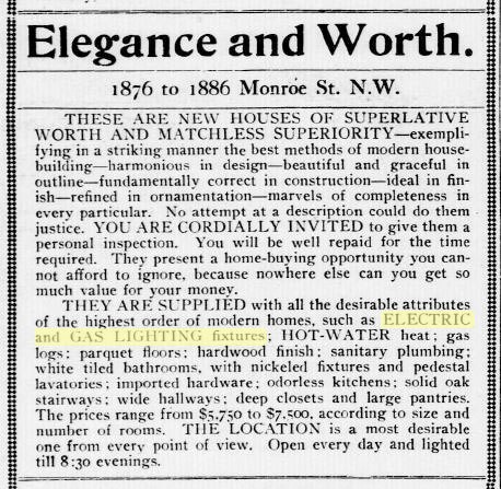 newspaper clip, circa 1910 - new modern houses offer electric and gas lighting fixtures